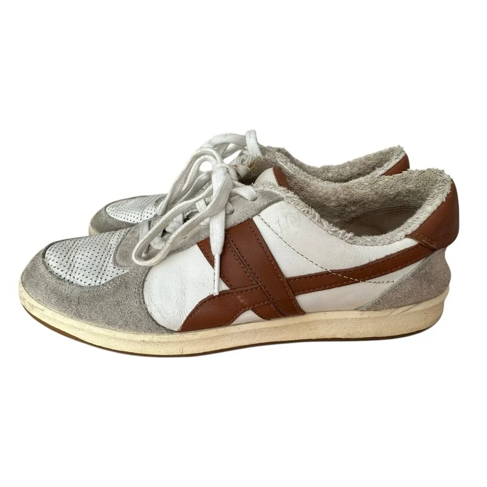 Tory‎ Burch Hank Court Sneakers Women Size 8.5 Brown Cream Lace Up Logo #S103-1